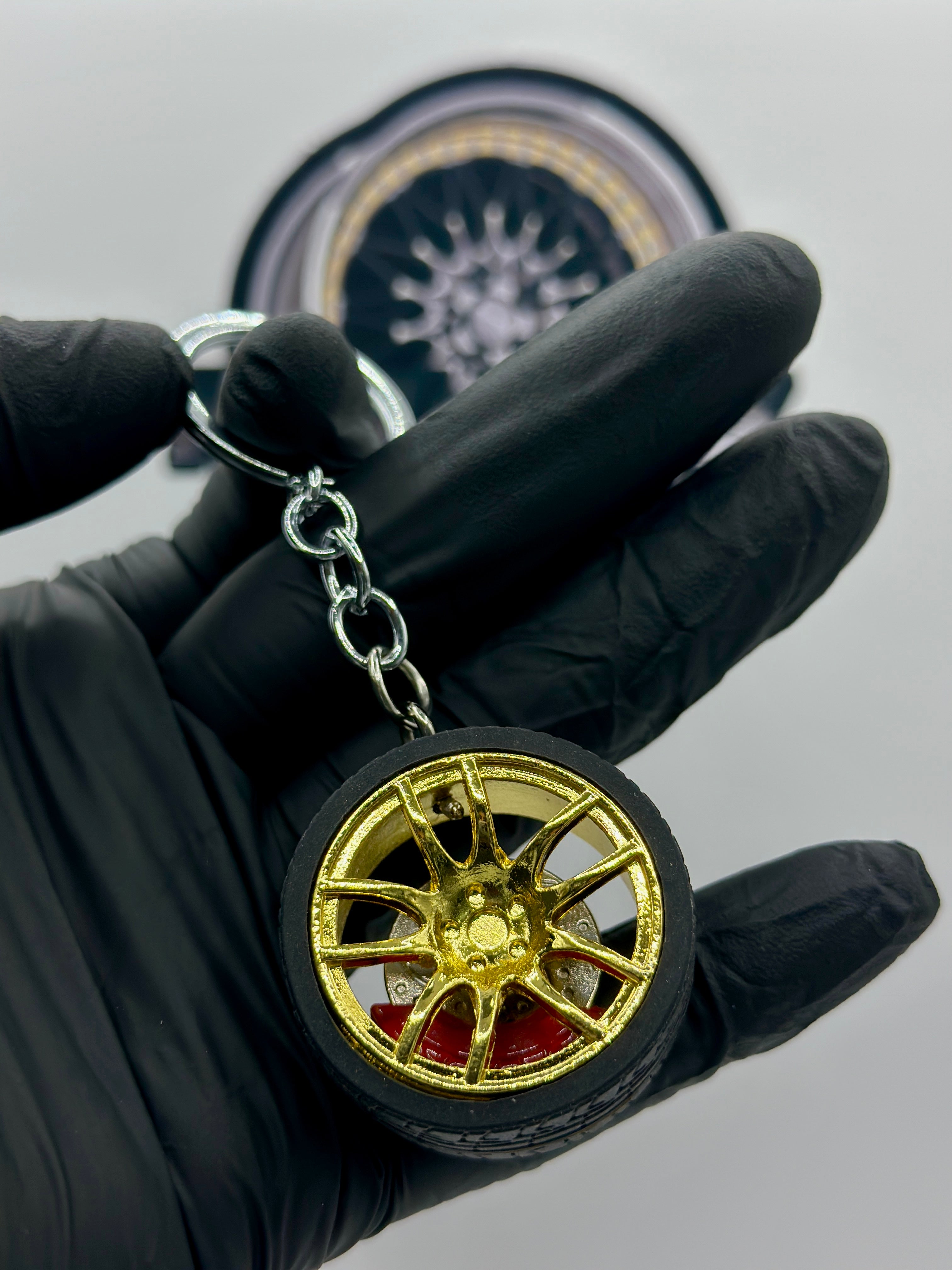 Metal Wheel Keychain with Rubber Tire, Red Calliper & Gold