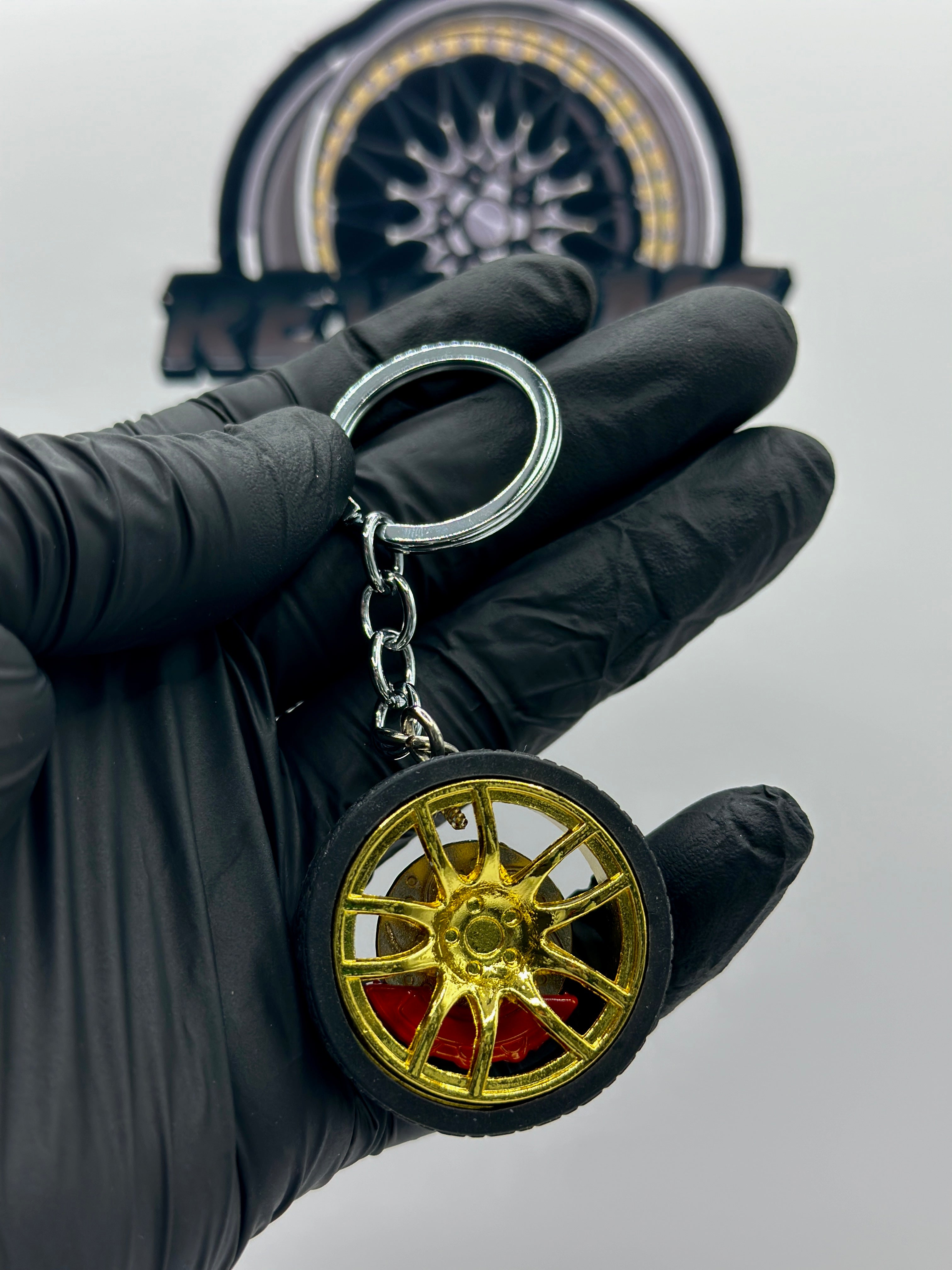 Metal Wheel Keychain with Rubber Tire, Red Calliper & Gold