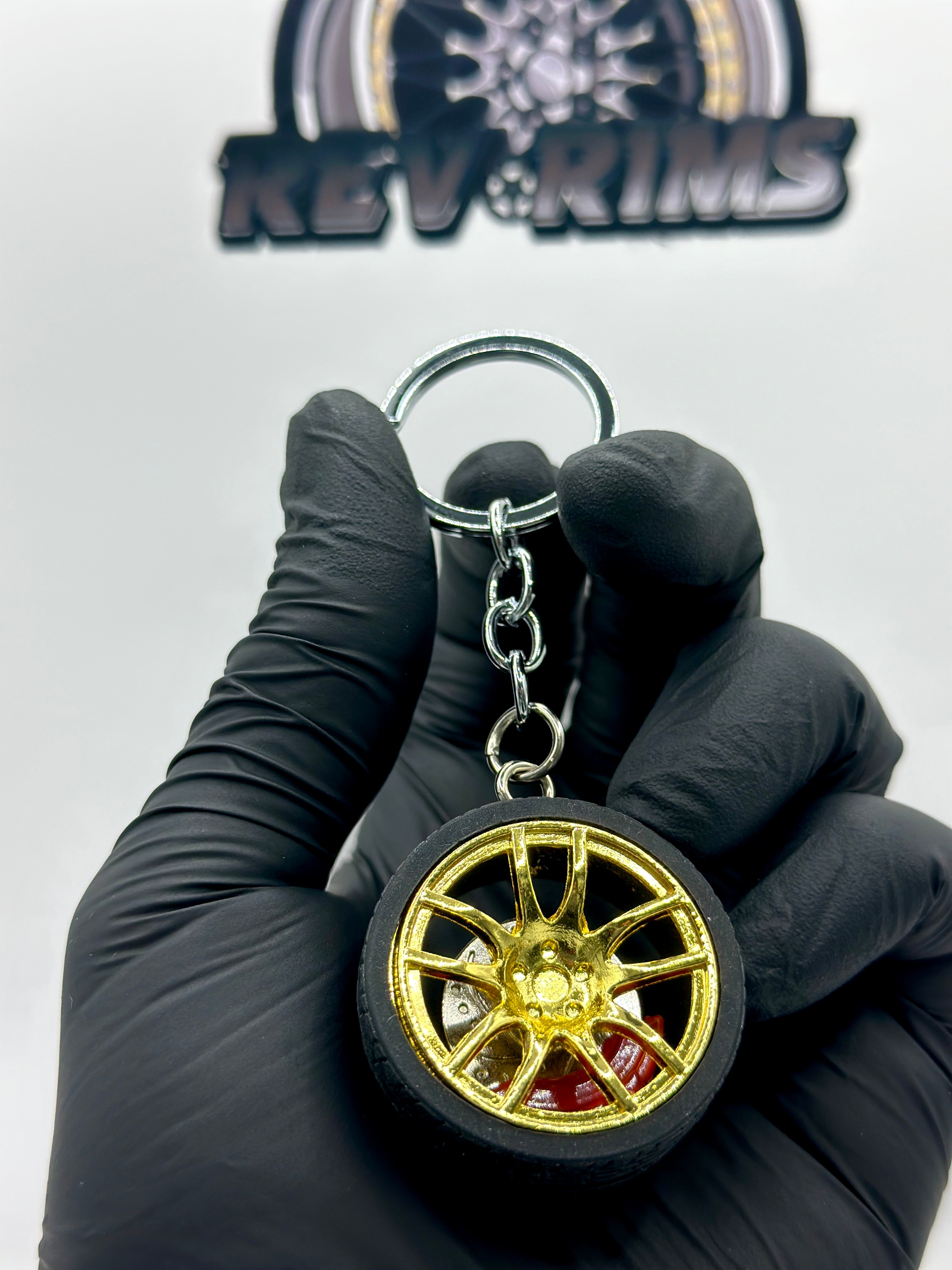 Metal Wheel Keychain with Rubber Tire, Red Calliper & Gold