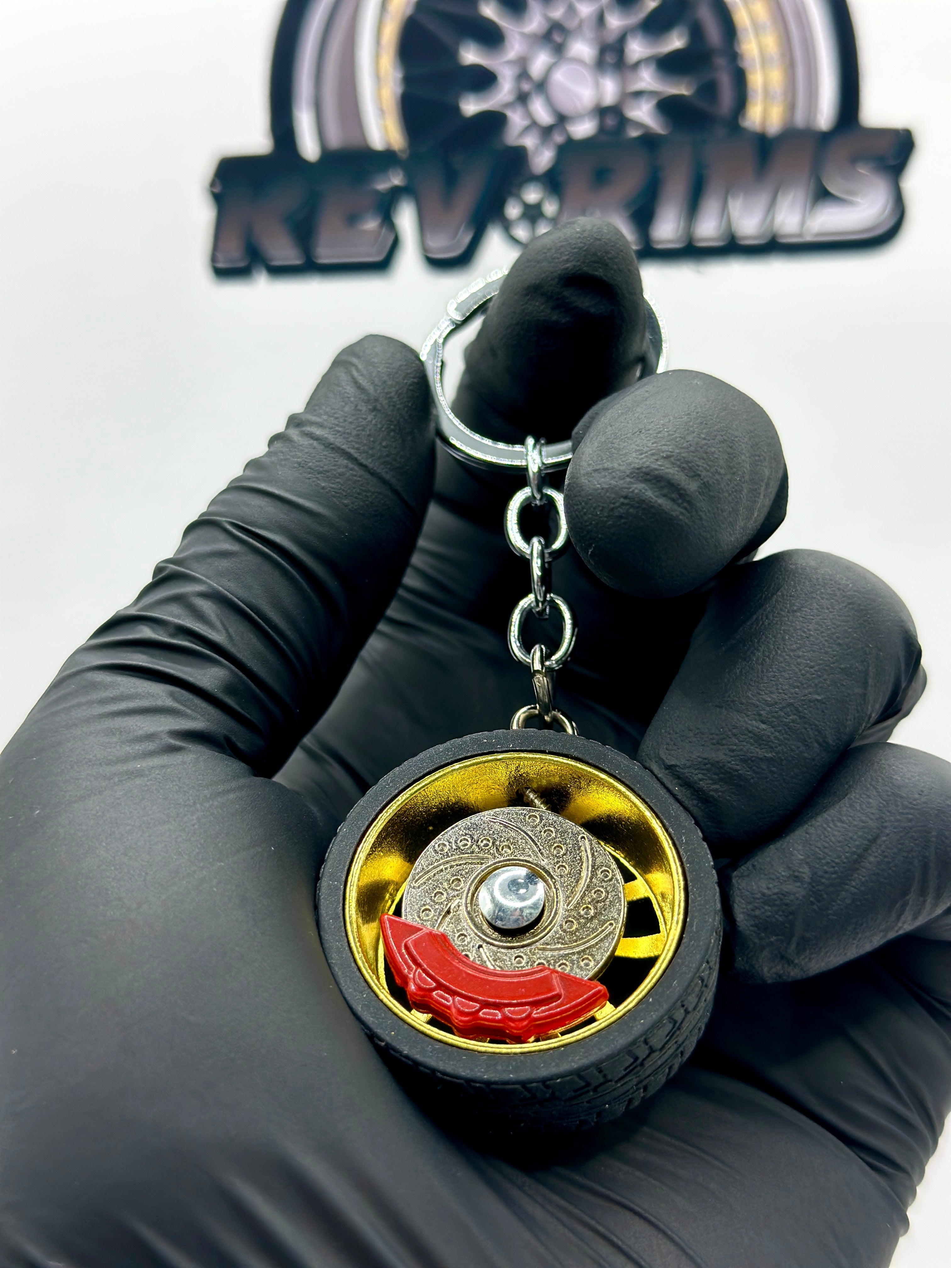 Metal Wheel Keychain with Rubber Tire, Red Calliper & Gold