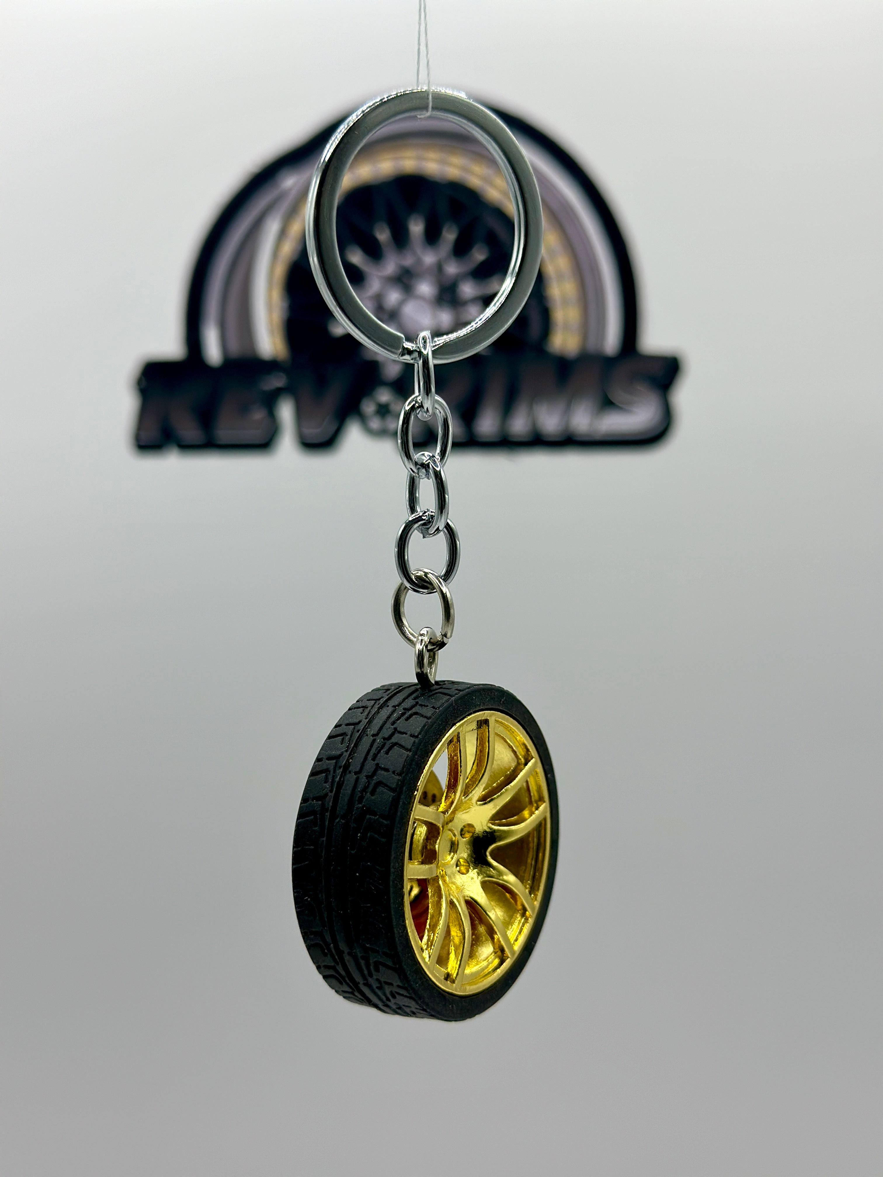 Metal Wheel Keychain with Rubber Tire, Red Calliper & Gold