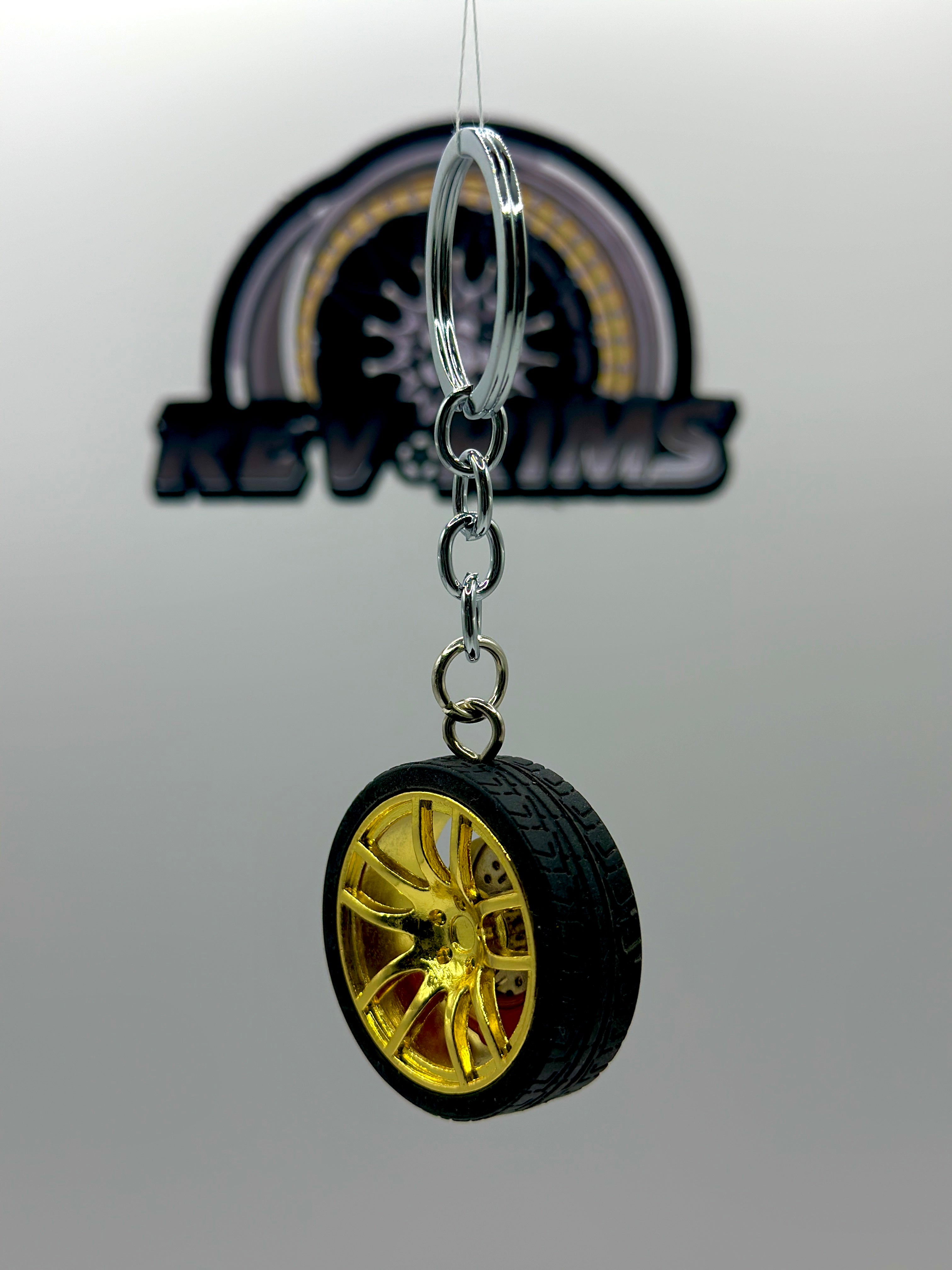 Metal Wheel Keychain with Rubber Tire, Red Calliper & Gold