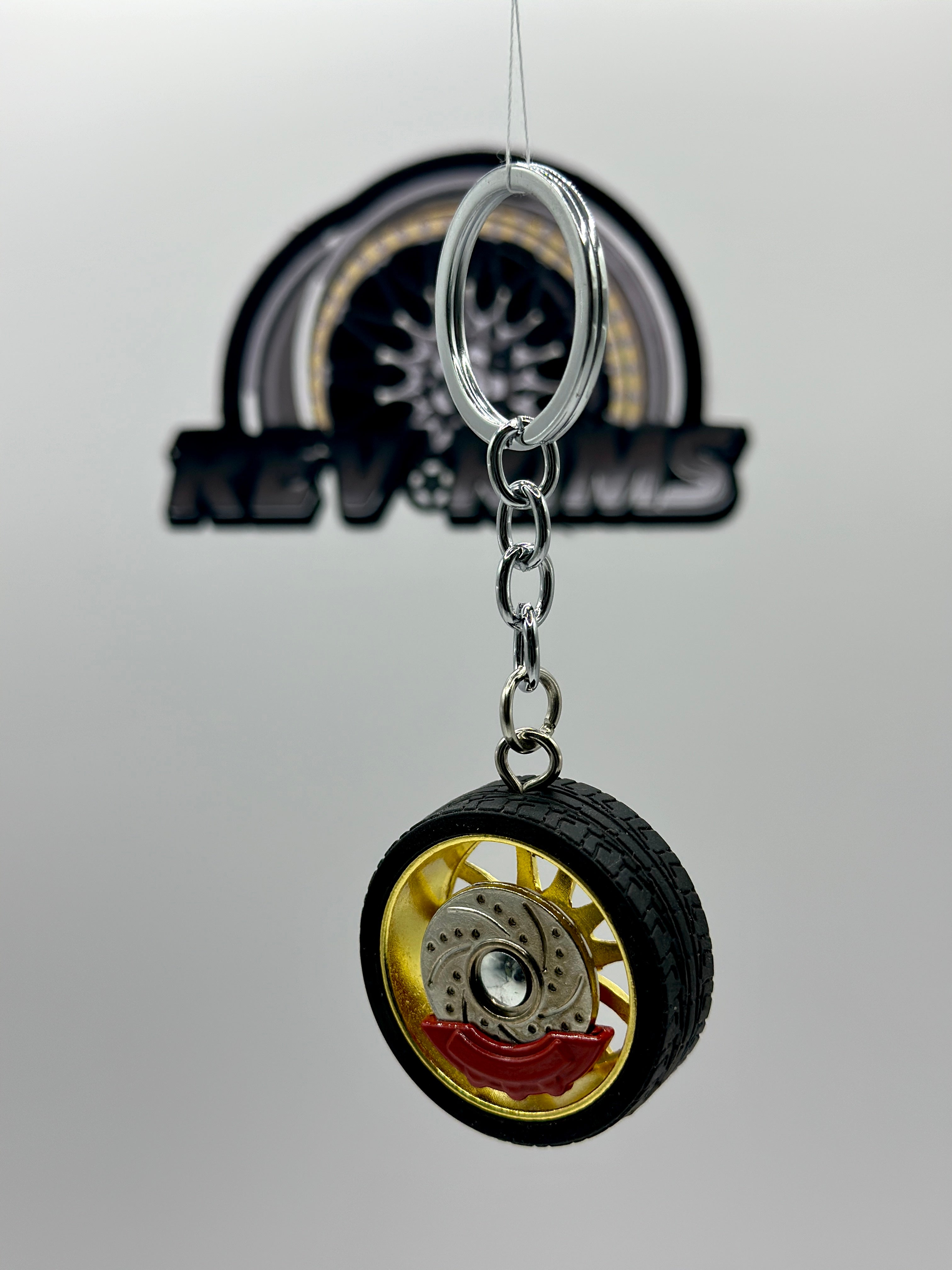 Metal Wheel Keychain with Rubber Tire, Red Calliper & Gold