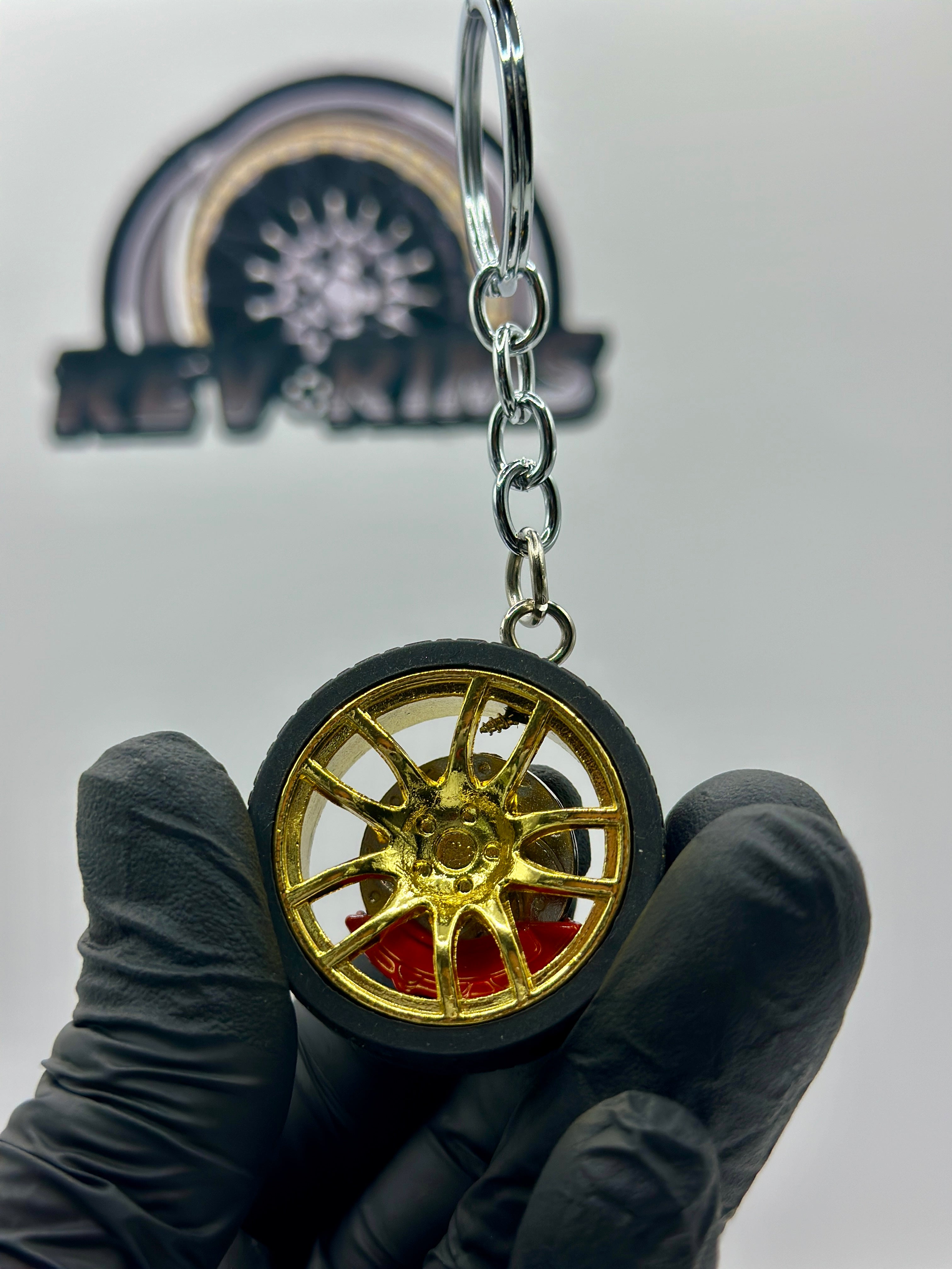 Metal Wheel Keychain with Rubber Tire, Red Calliper & Gold