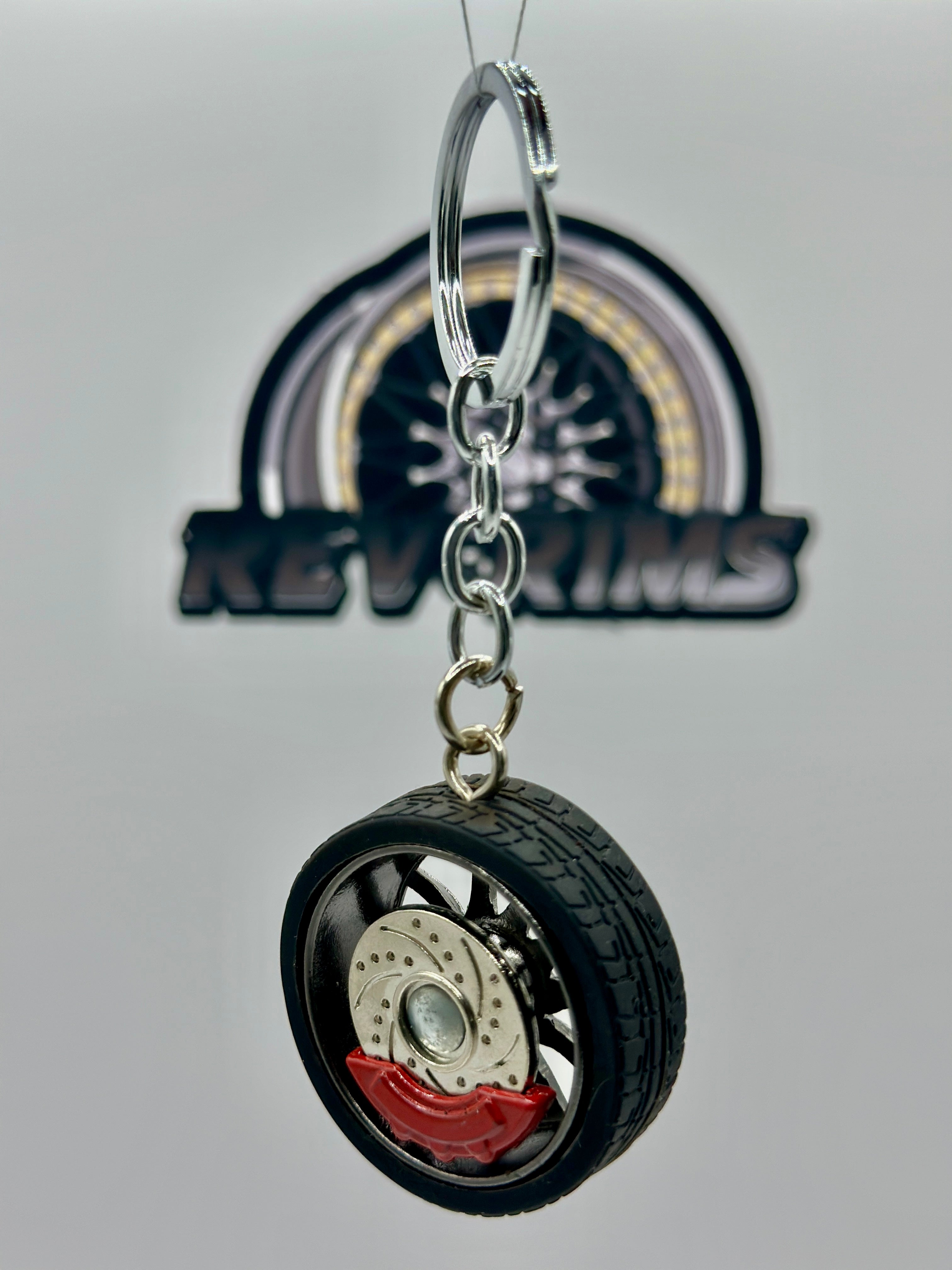 Metal Wheel Keychain with Rubber Tire, Red Caliper & Black