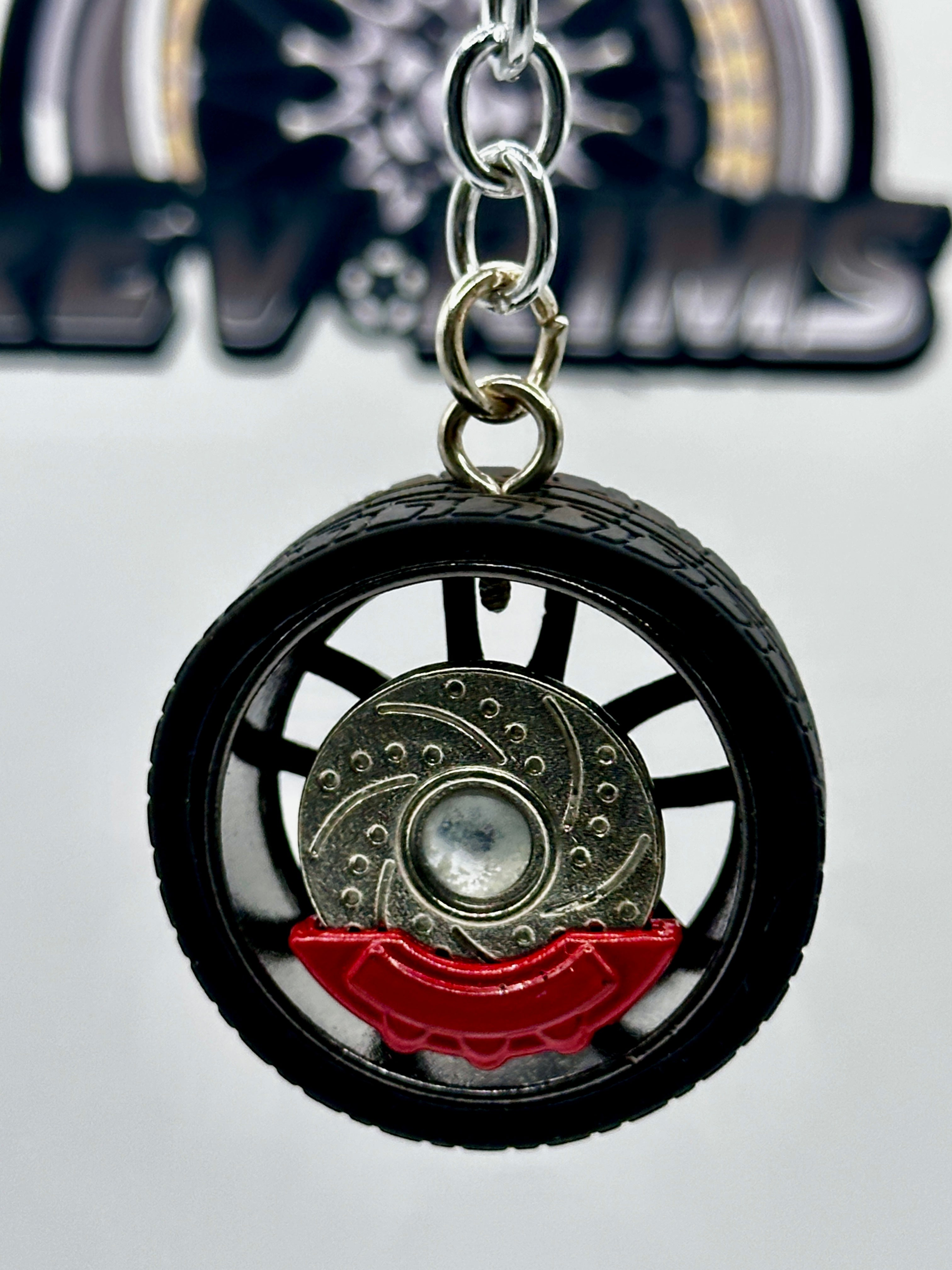 Metal Wheel Keychain with Rubber Tire, Red Caliper & Black