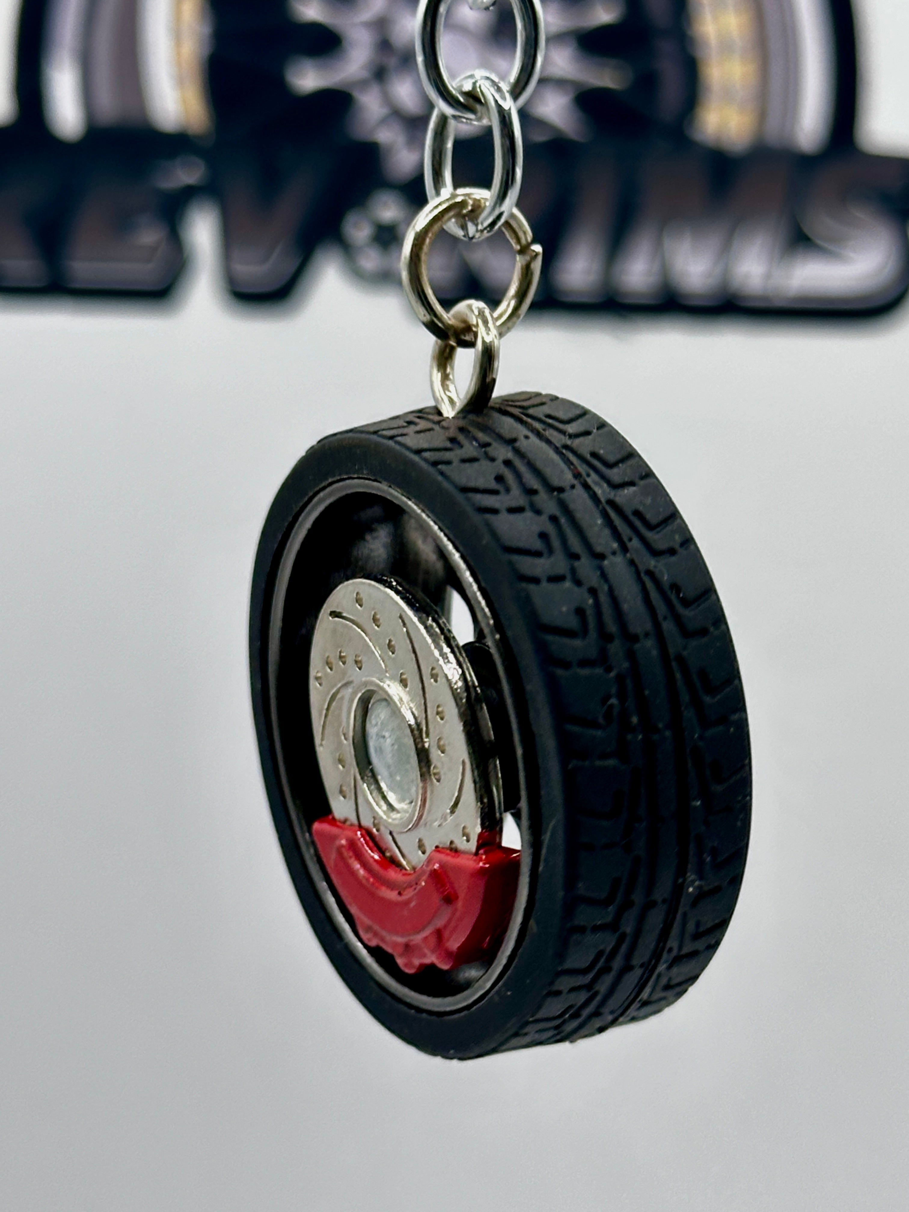 Metal Wheel Keychain with Rubber Tire, Red Caliper & Black