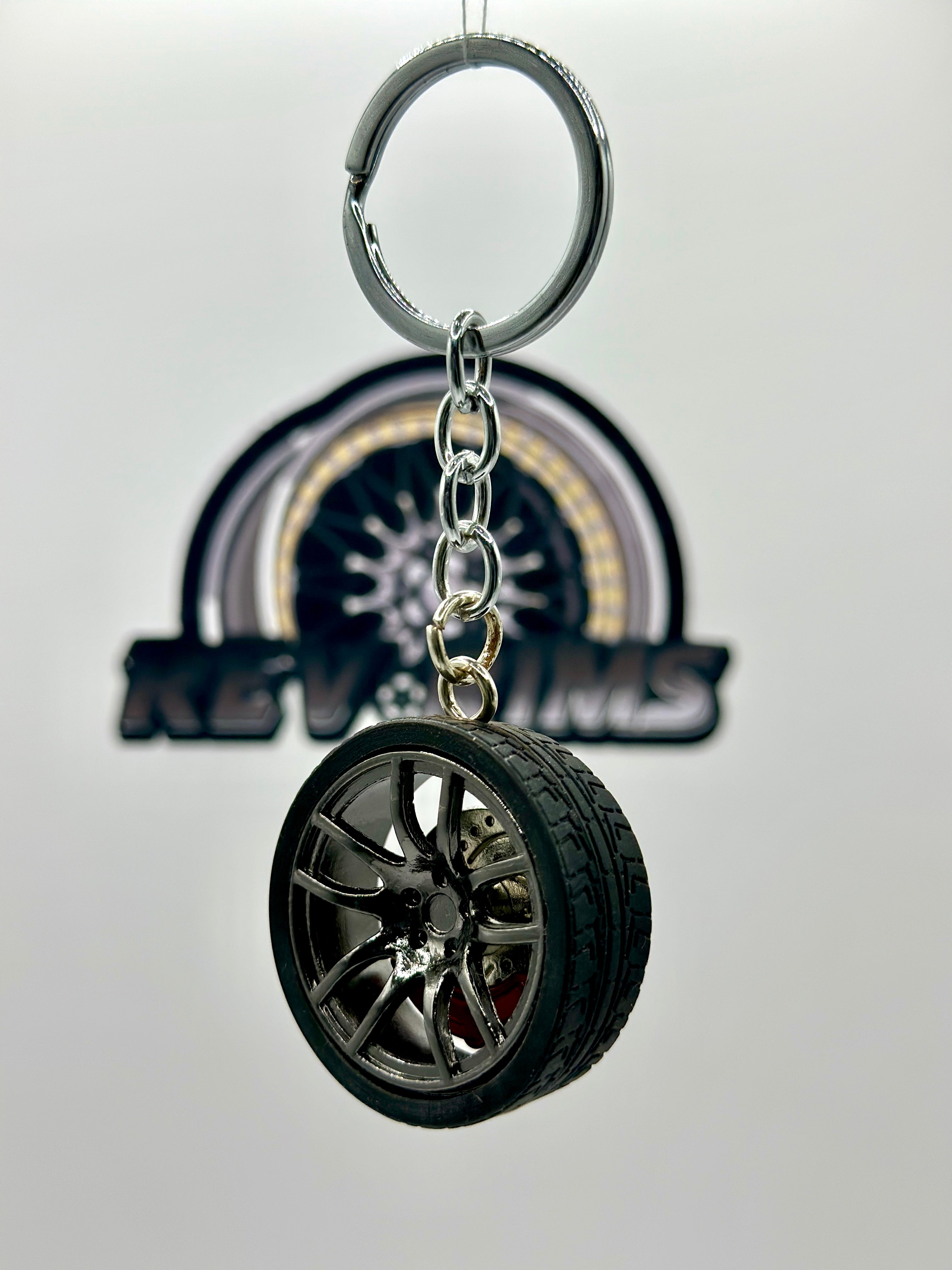 Metal Wheel Keychain with Rubber Tire, Red Caliper & Black