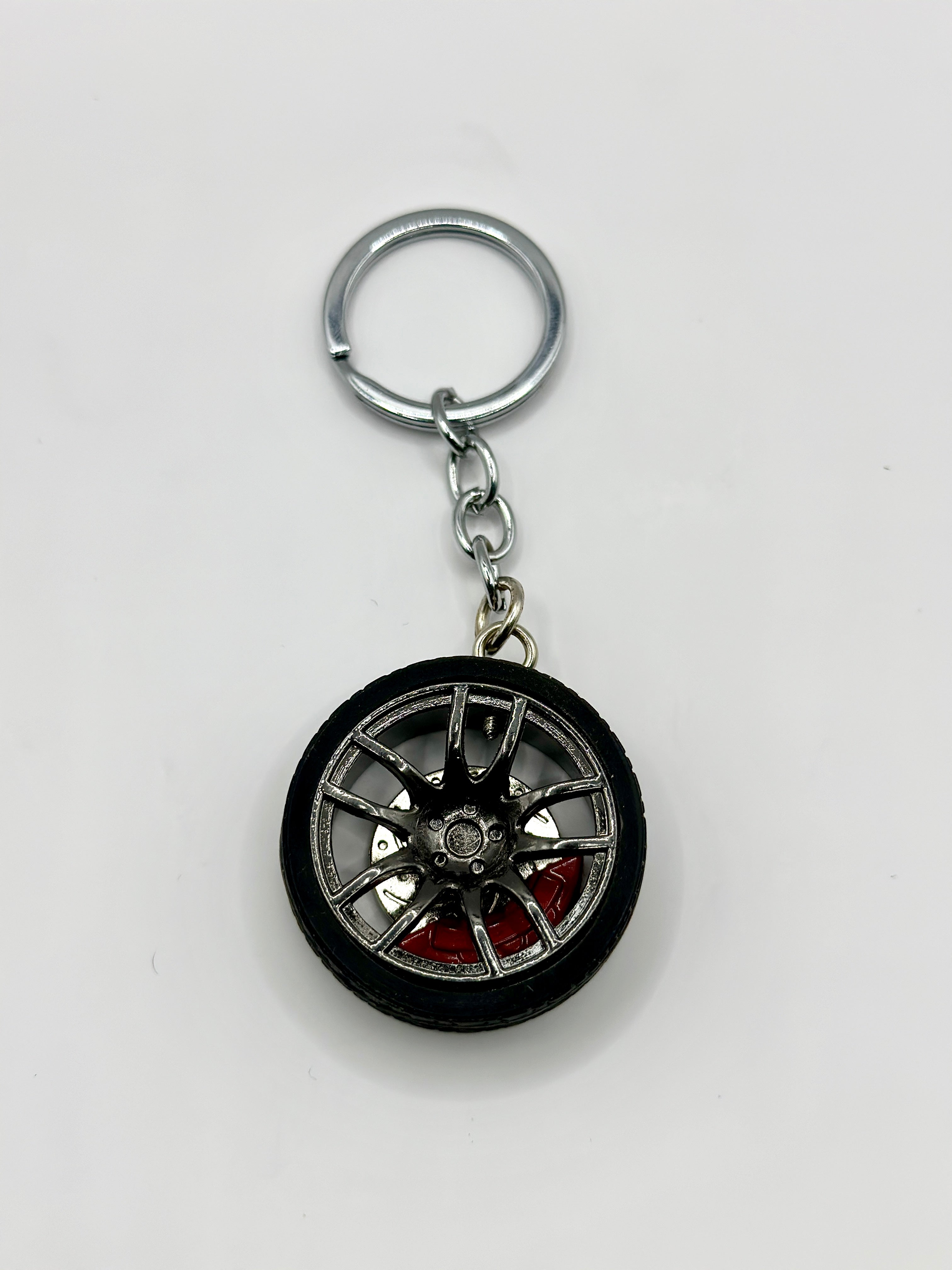 Metal Wheel Keychain with Rubber Tire, Red Caliper & Black