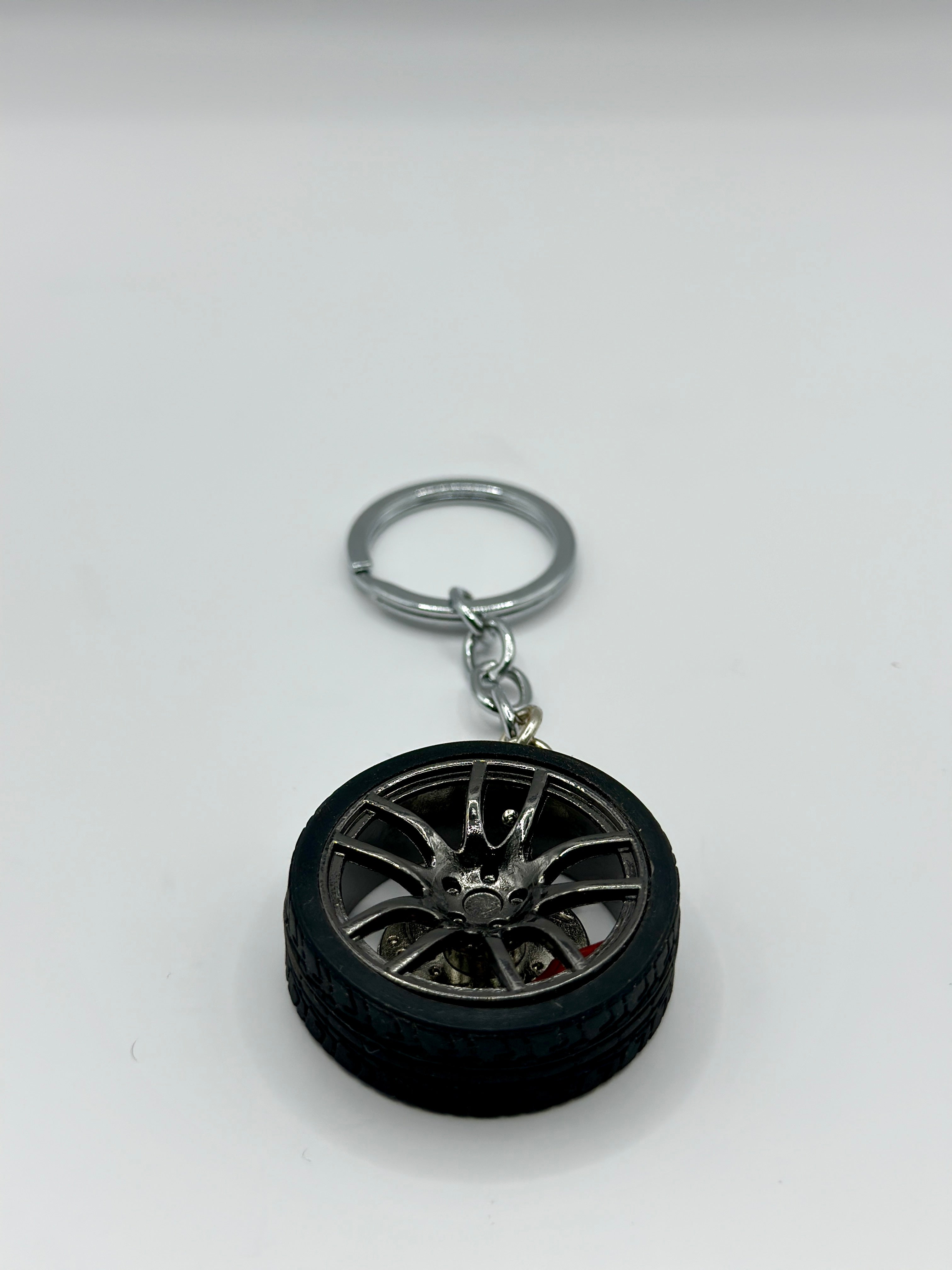 Metal Wheel Keychain with Rubber Tire, Red Caliper & Black