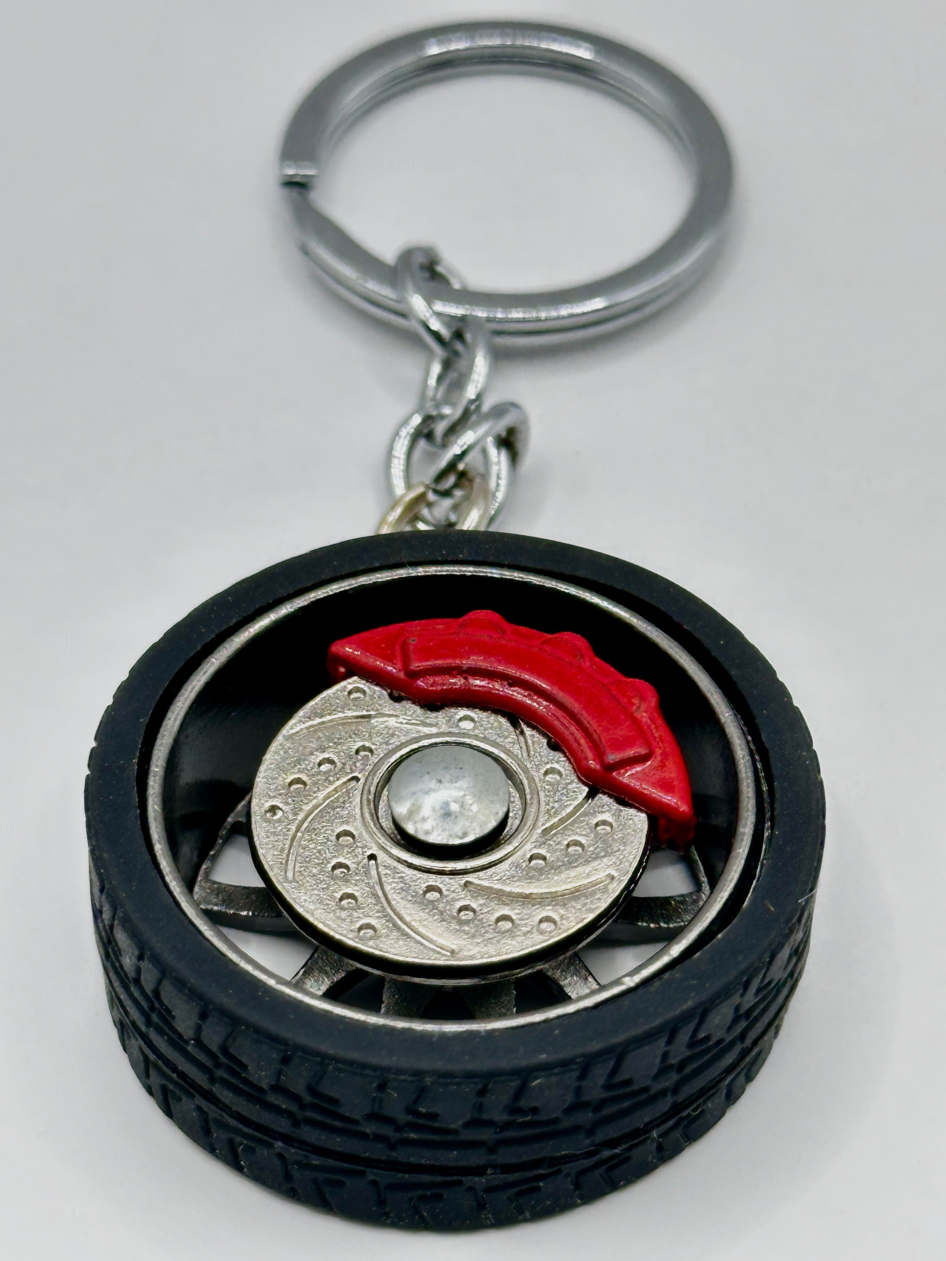 Metal Wheel Keychain with Rubber Tire, Red Caliper & Black