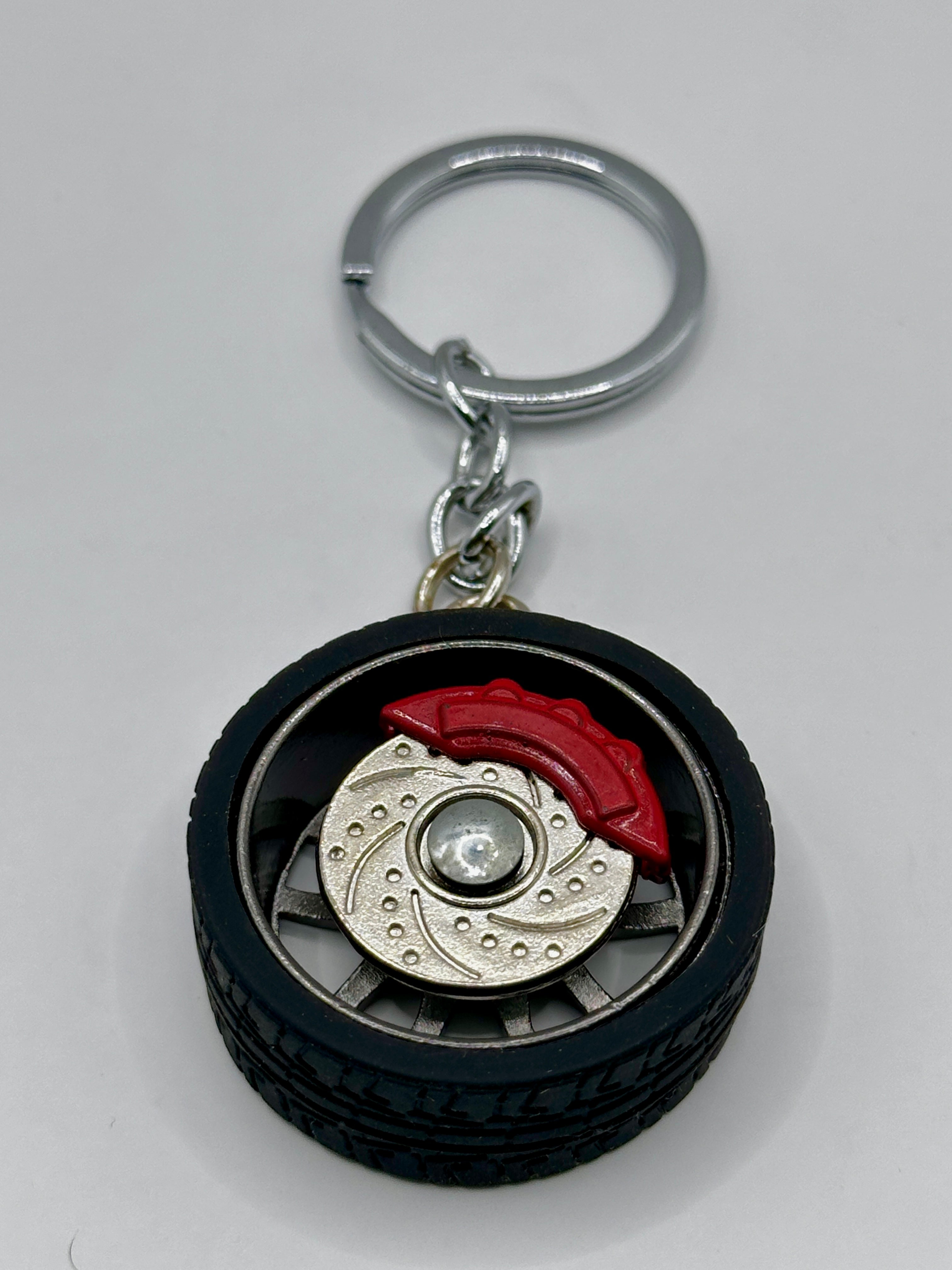 Metal Wheel Keychain with Rubber Tire, Red Caliper & Black